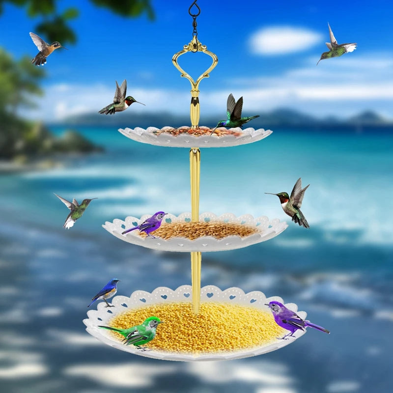 3-tier hanging bird feeder and bird bath combo, weather-resistant plastic, blue