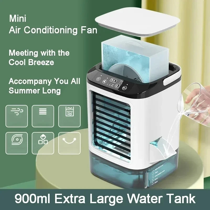 Portable air conditioner with ultrasonic mist, 3-speed fan and 900ml water tank, compact desktop cooler