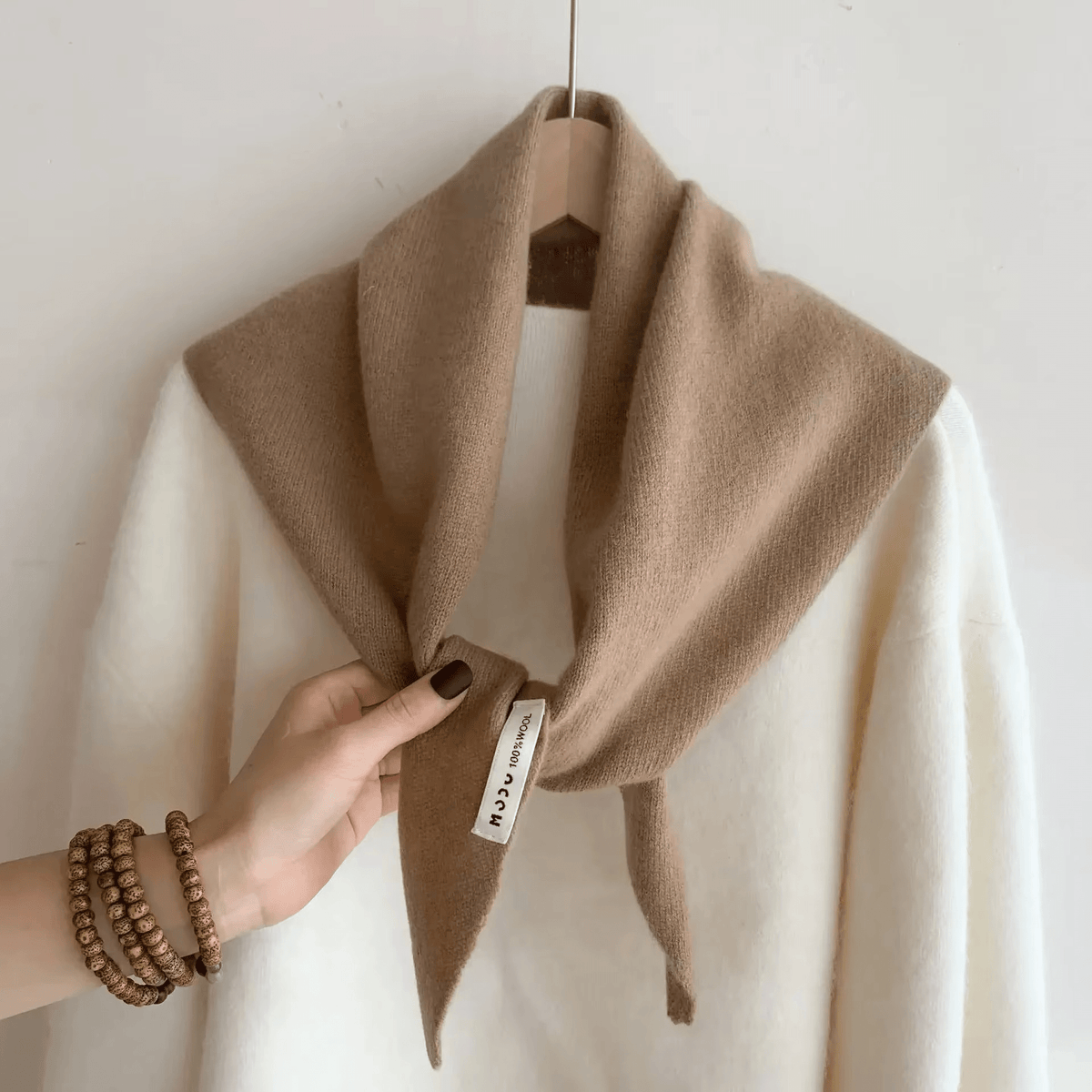 Triangle knit scarf in wool blend, versatile headscarf and shoulder wrap for women