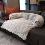 Anti-anxiety calming dog sofa bed with raised bolster sides faux fur surface