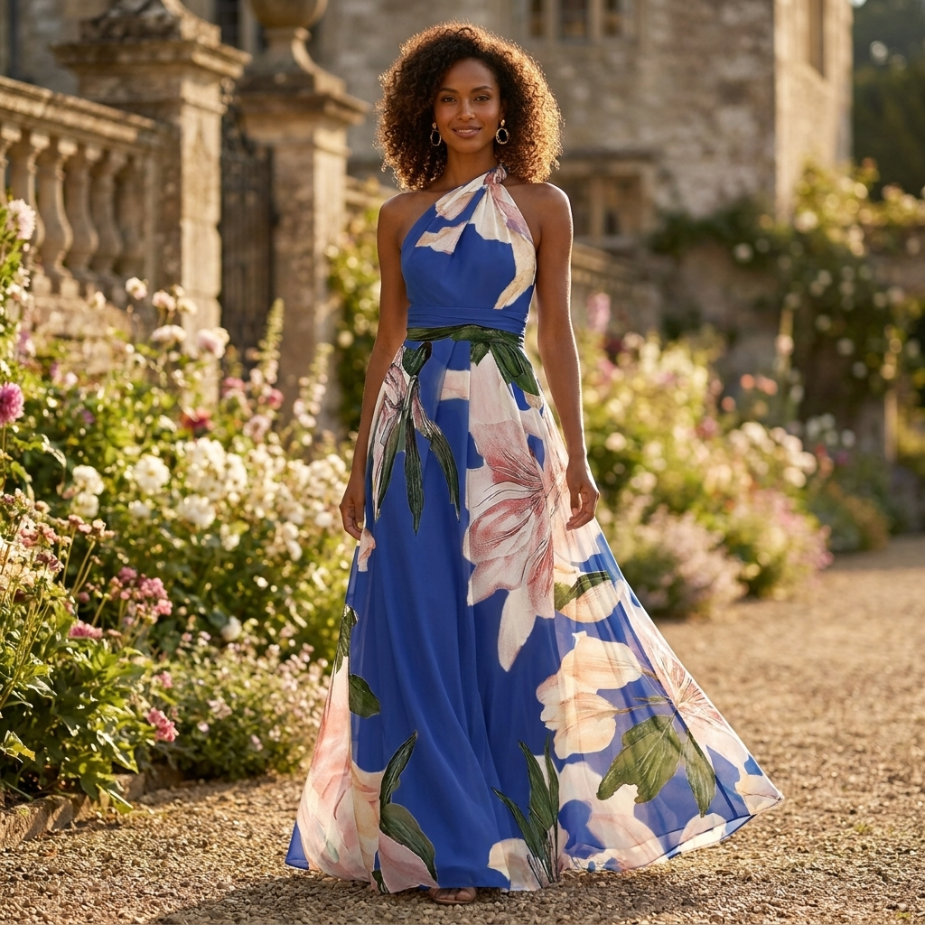 Women asymmetric neck maxi dress flowy full length casual style