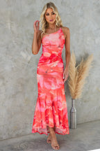 Floral midi dress off-shoulder asymmetric ruffle hem, women's summer dress