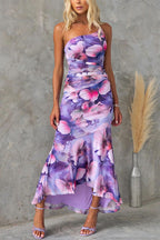 Floral midi dress off-shoulder asymmetric ruffle hem, women's summer dress