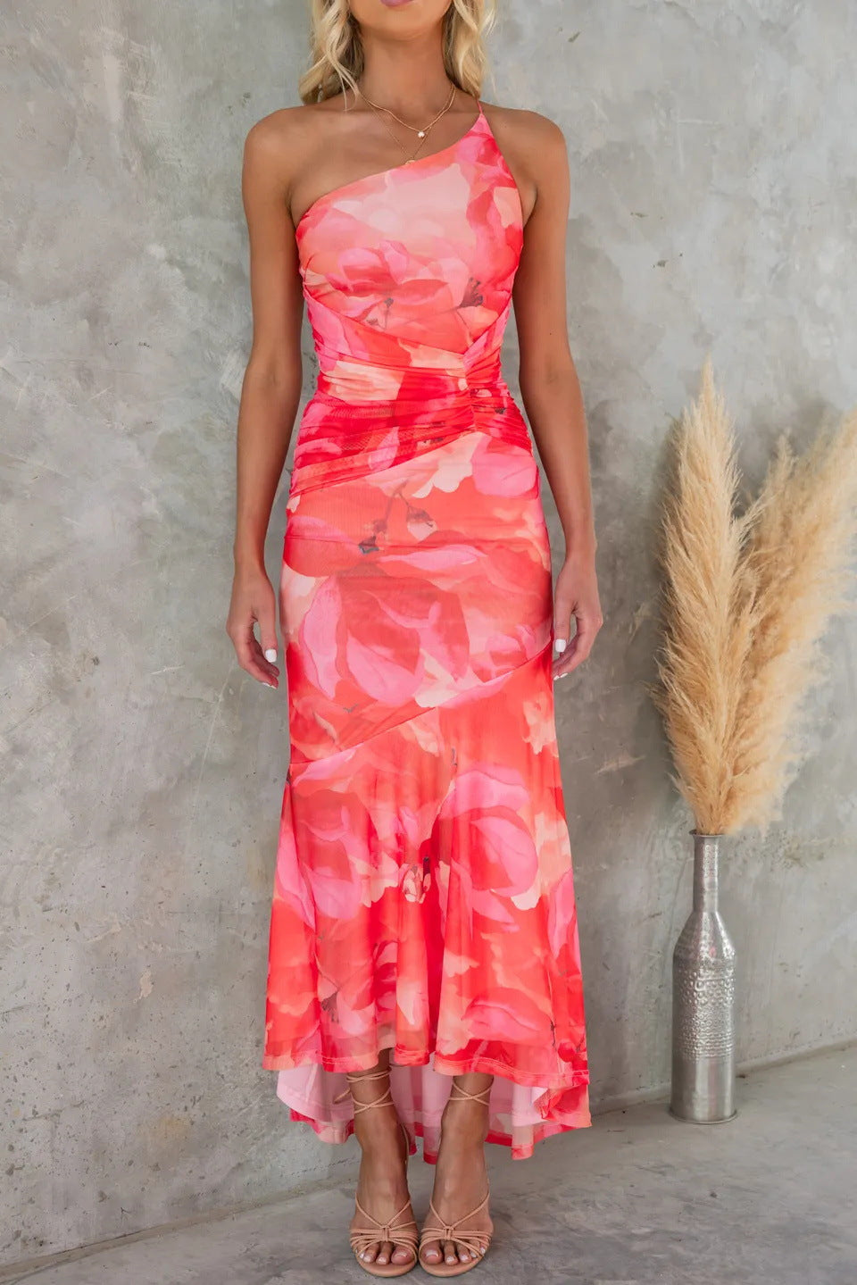 Floral midi dress off-shoulder asymmetric ruffle hem, women's summer dress