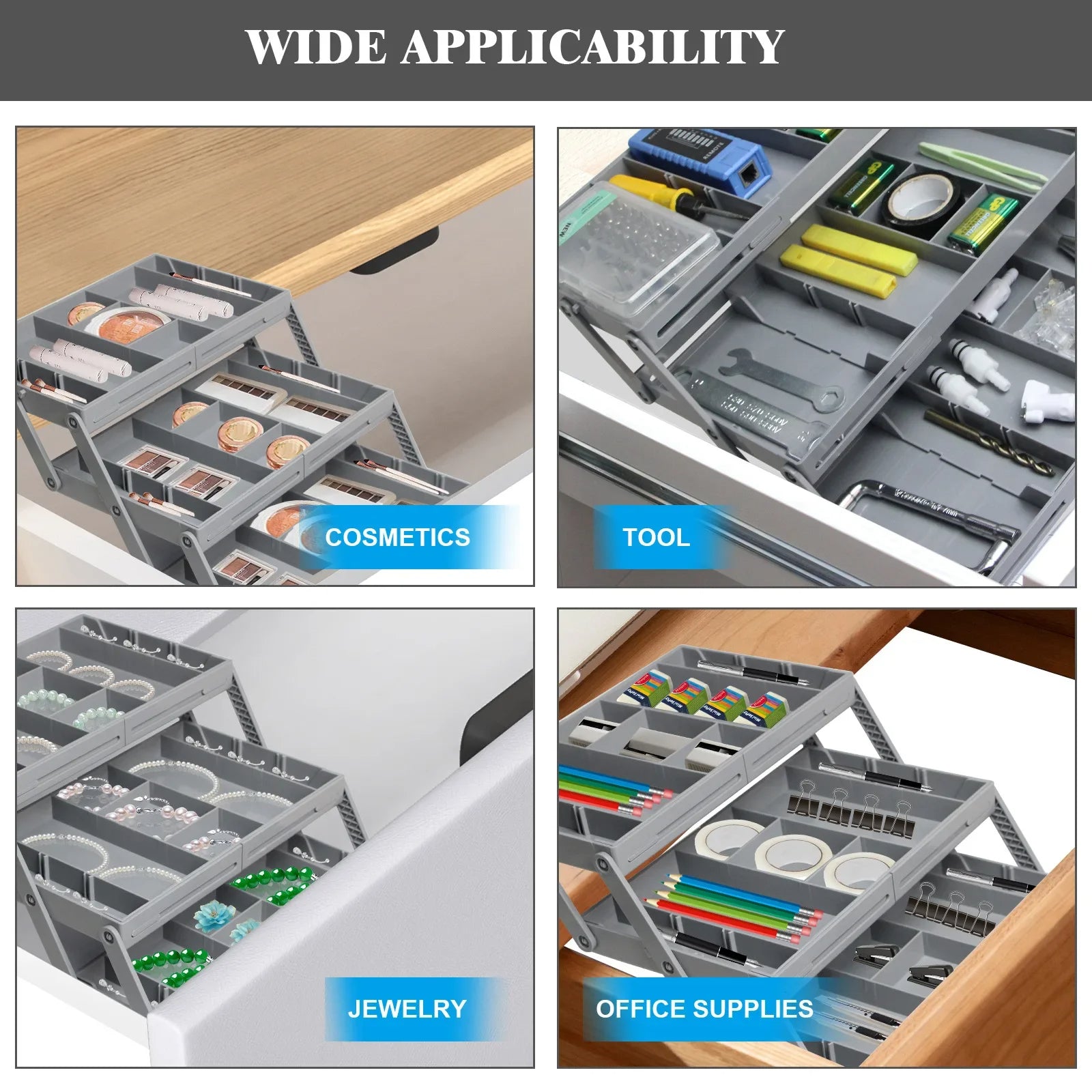 Drawer organizer 3-tier foldable plastic multi-compartment for cosmetics and office supplies