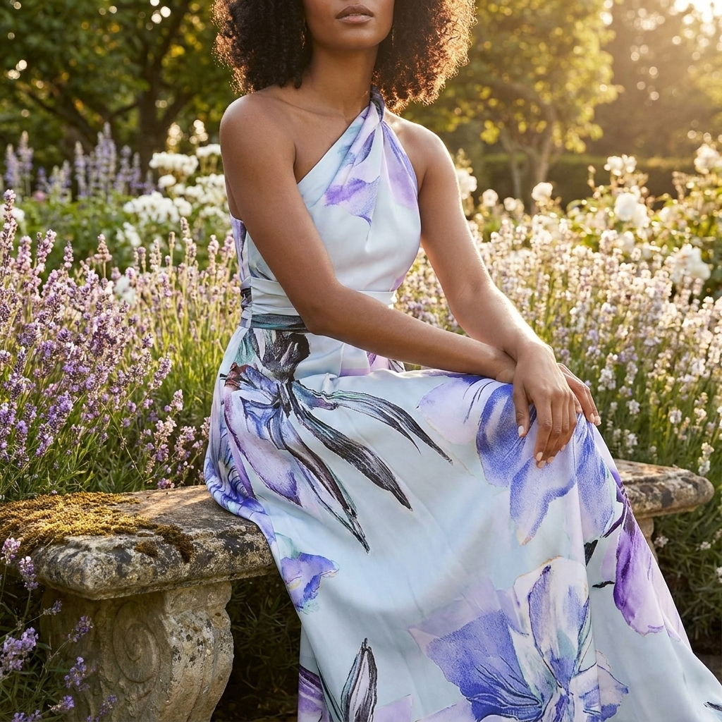 Women asymmetric neck maxi dress flowy full length casual style