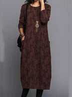 Midi dress with pockets, long sleeve floral cotton blend, mid-calf length