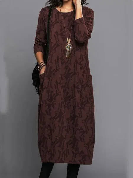 Midi dress with pockets, long sleeve floral cotton blend, mid-calf length