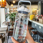 2L sport water bottle with straw and time markers, BPA-free, blue