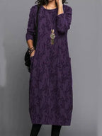 Midi dress with pockets, long sleeve floral cotton blend, mid-calf length