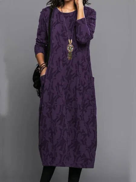 Midi dress with pockets, long sleeve floral cotton blend, mid-calf length