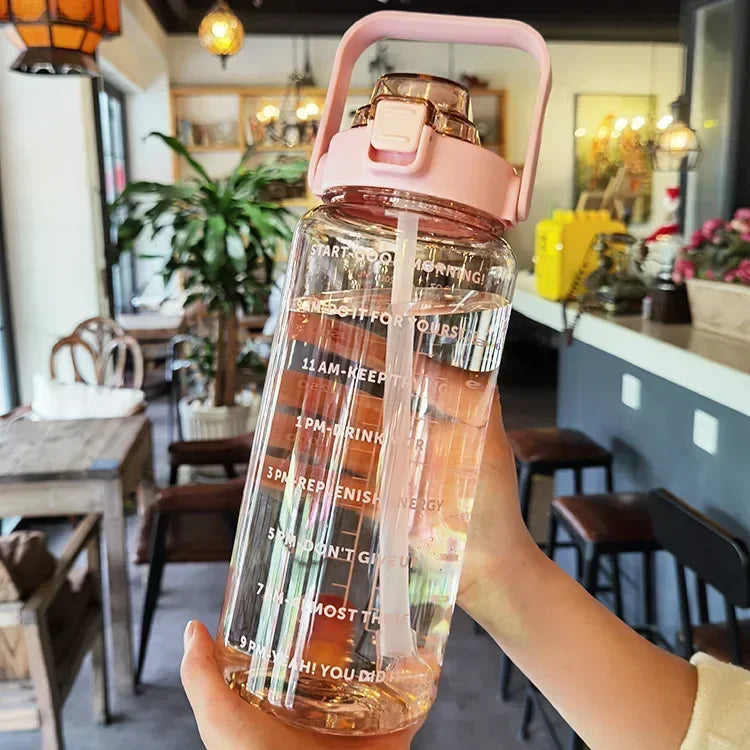 2L sport water bottle with straw and time markers, BPA-free, blue