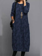 Midi dress with pockets, long sleeve floral cotton blend, mid-calf length