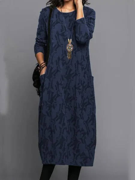 Midi dress with pockets, long sleeve floral cotton blend, mid-calf length
