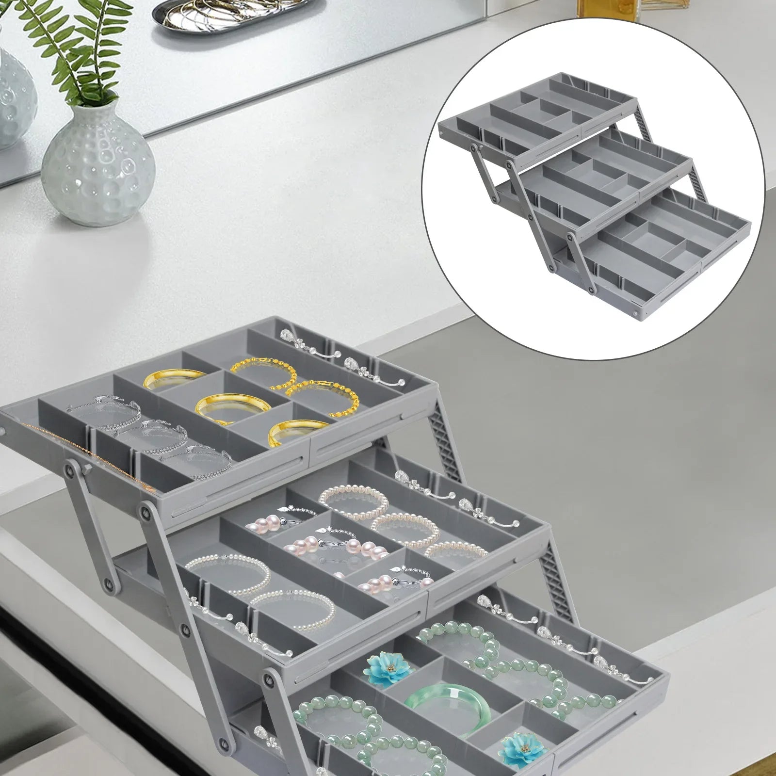 Drawer organizer 3-tier foldable plastic multi-compartment for cosmetics and office supplies