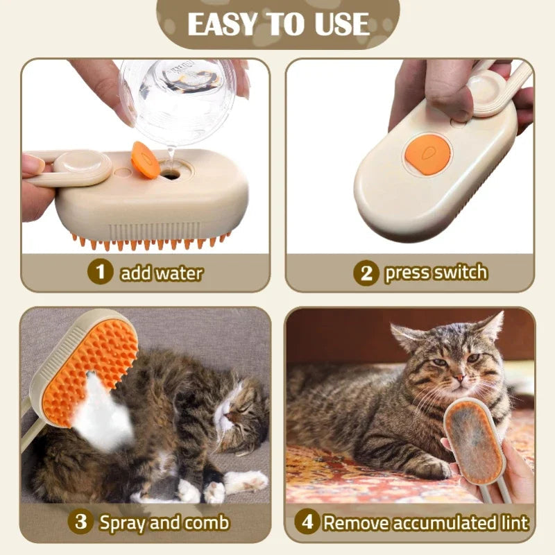 Pet Steam Grooming Brush 3-in-1 deshedding massage spray for cats and dogs