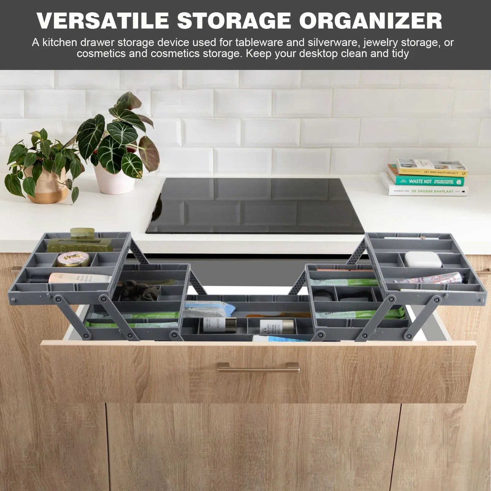 Drawer organizer 3-tier foldable plastic multi-compartment for cosmetics and office supplies