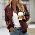 Women's bomber jacket with front zip and elastic cuffs in black, burgundy and army green