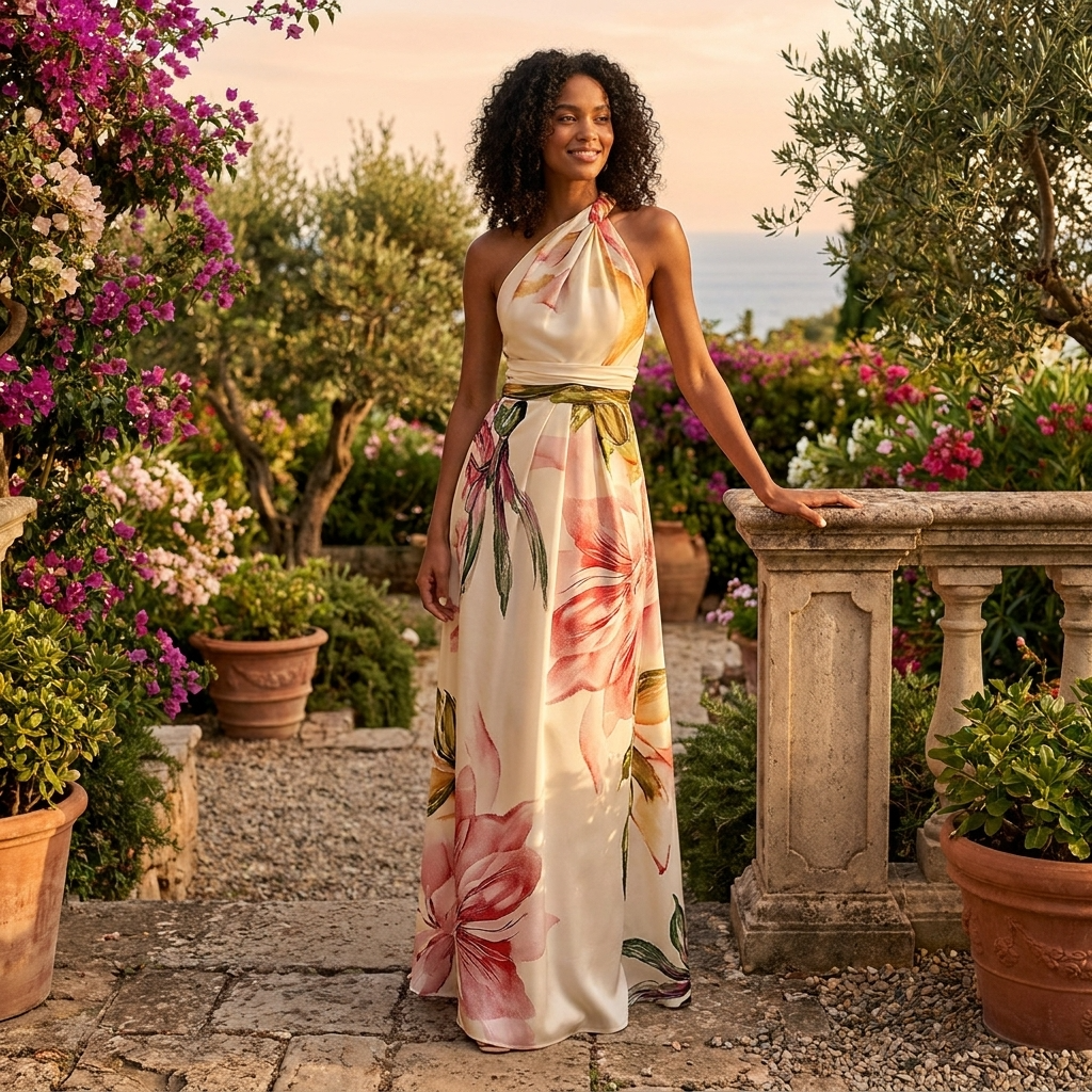 Women asymmetric neck maxi dress flowy full length casual style