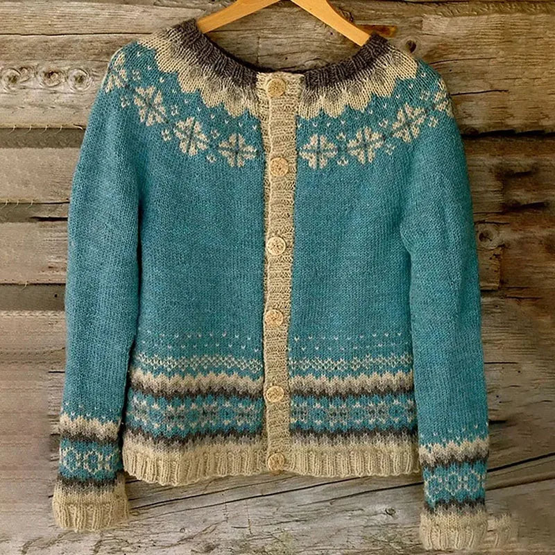 Women knit vintage Icelandic cardigan with Nordic pattern, relaxed fit