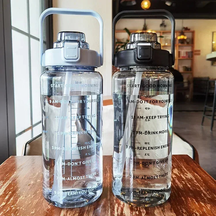 2L sport water bottle with straw and time markers, BPA-free, blue