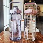 2L sport water bottle with straw and time markers, BPA-free, blue