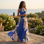 Women asymmetric neck maxi dress flowy full length casual style