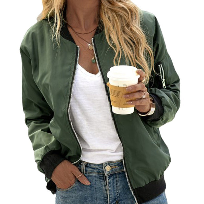 Women's bomber jacket with front zip and elastic cuffs in black, burgundy and army green
