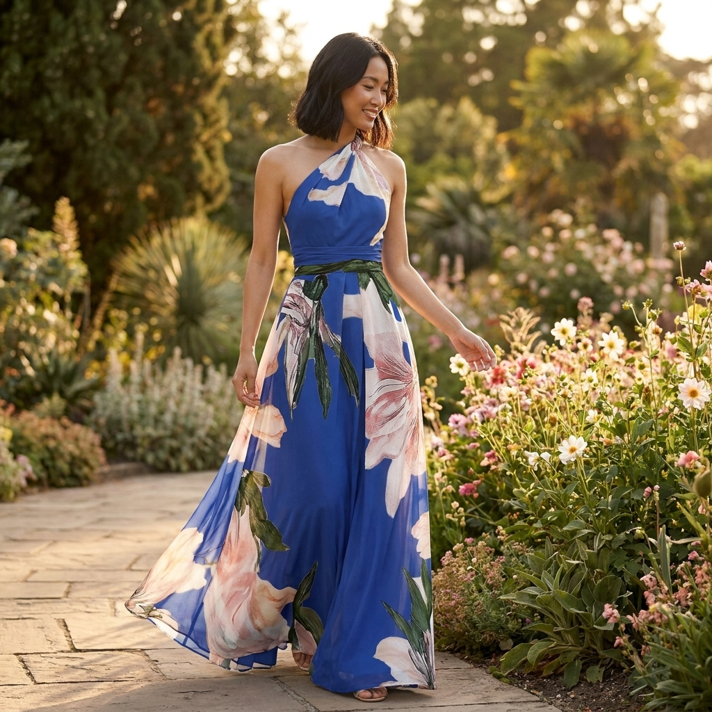 Women asymmetric neck maxi dress flowy full length casual style