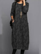 Midi dress with pockets, long sleeve floral cotton blend, mid-calf length