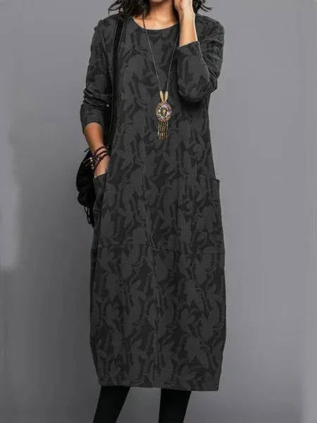 Midi dress with pockets, long sleeve floral cotton blend, mid-calf length