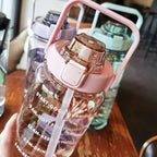 2L sport water bottle with straw and time markers, BPA-free, blue
