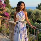 Women asymmetric neck maxi dress flowy full length casual style