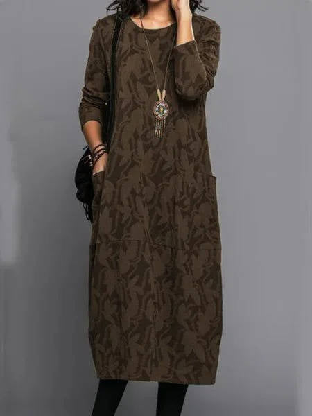 Midi dress with pockets, long sleeve floral cotton blend, mid-calf length