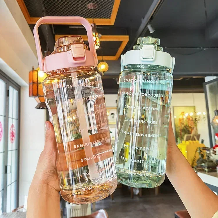 2L sport water bottle with straw and time markers, BPA-free, blue