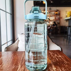2L sport water bottle with straw and time markers, BPA-free, blue