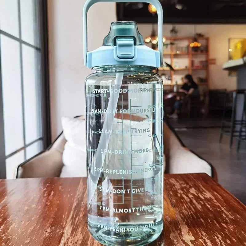 2L sport water bottle with straw and time markers, BPA-free, blue