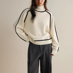 Women turtleneck sweater with contrasting stripes long sleeve relaxed fit