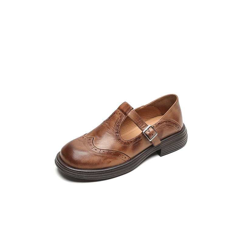 Mary Jane shoes brogue T-strap sheepskin upper in brown and black