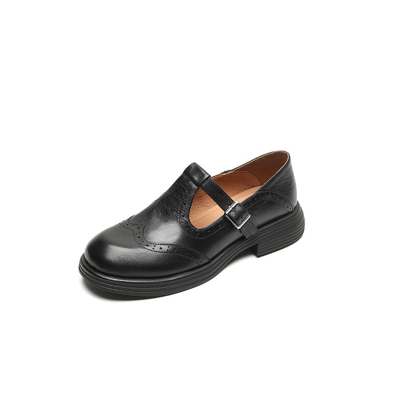 Mary Jane shoes brogue T-strap sheepskin upper in brown and black