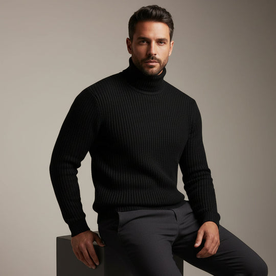Men's Ribbed Turtleneck Sweater - Classic Slim Fit Winter Sweater