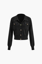 Women 2 piece knit blazer skirt set ribbed with gold button detail