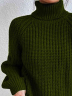 Women ribbed knit turtleneck sweater with side slit hem, autumn winter