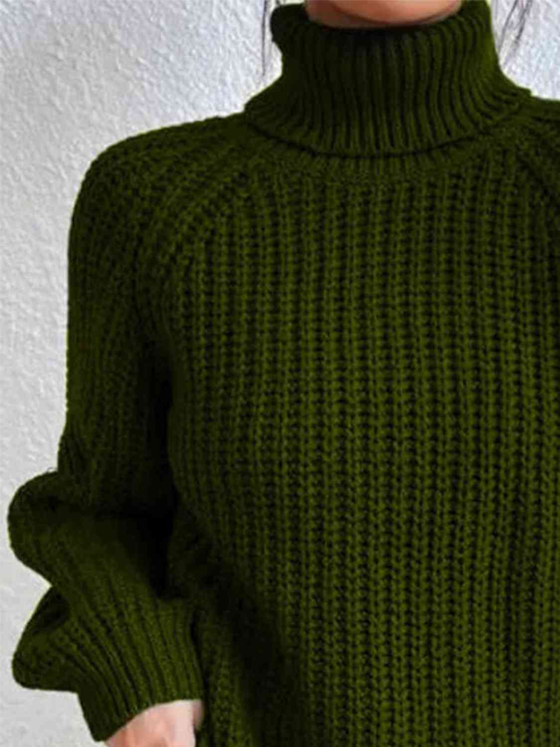 Women ribbed knit turtleneck sweater with side slit hem, autumn winter