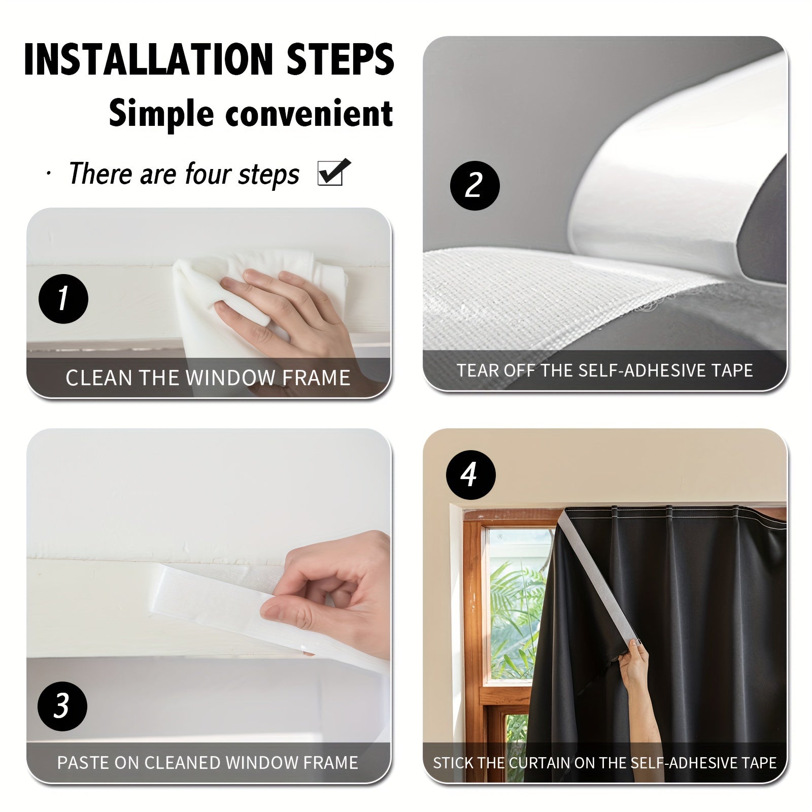 Blackout curtains self-adhesive hook and loop cordless for bedroom and living room