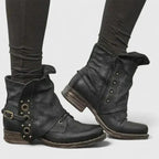 Women's ankle boots distressed faux leather with buckle strap and Western-style detail