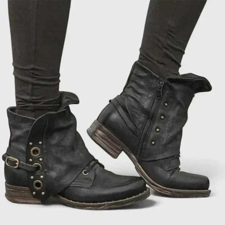 Women's ankle boots distressed faux leather with buckle strap and Western-style detail