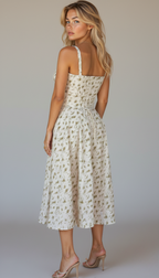 Women's floral midi dress with corset bodice and side slit skirt