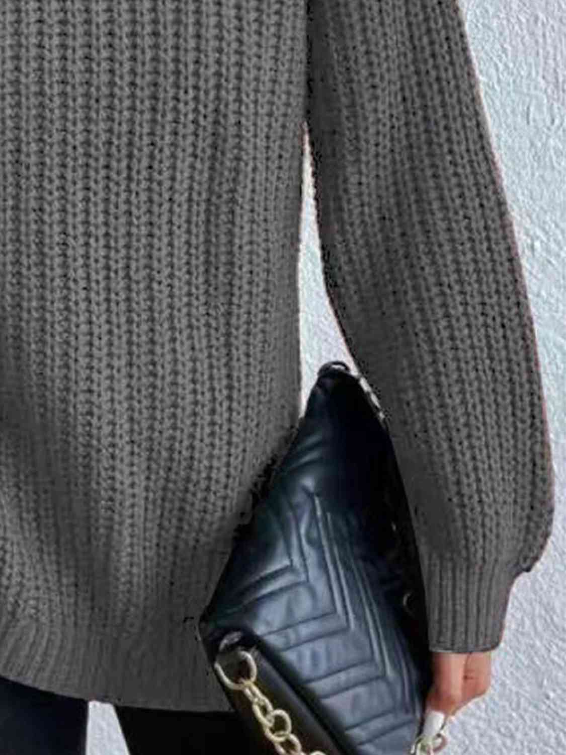 Women ribbed knit turtleneck sweater with side slit hem, autumn winter