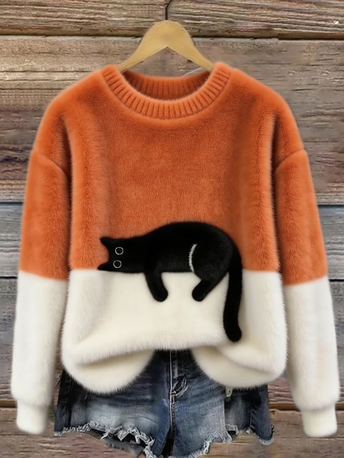 Women knit jumper colour block with black cat motif relaxed fit